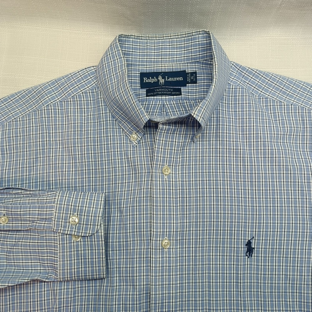 Ralph Lauren Yarmouth Pinpoint Oxford Shirt Mens 16 33-34‎ Blue Check Cotton